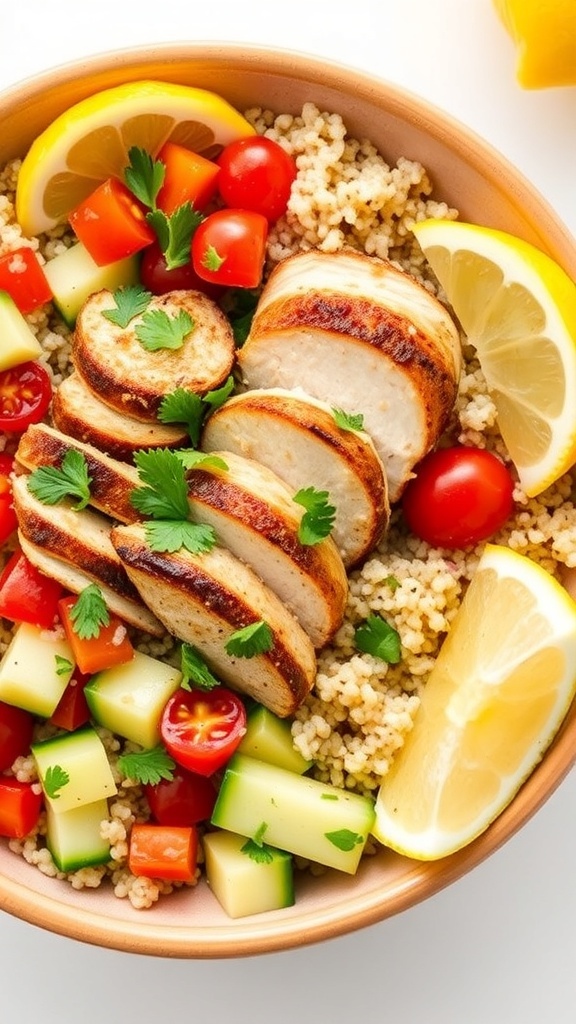 A healthy quinoa chicken bowl with grilled chicken, colorful vegetables, and lemon wedges.